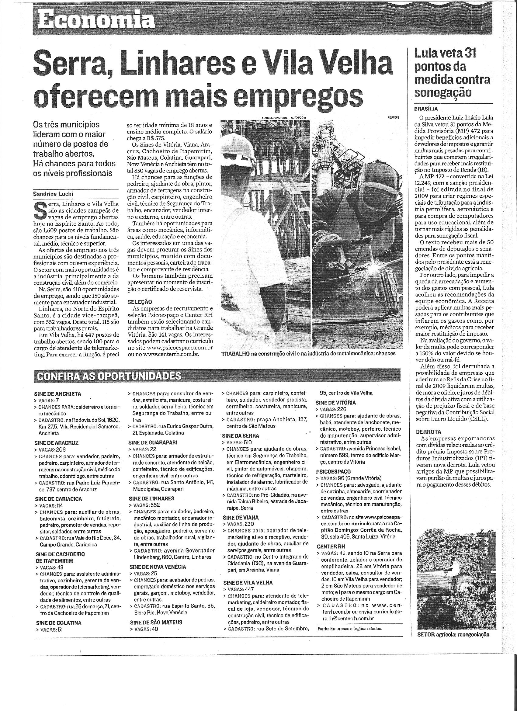 Serra, Linhares e Vila Velha oferecem mais empregos